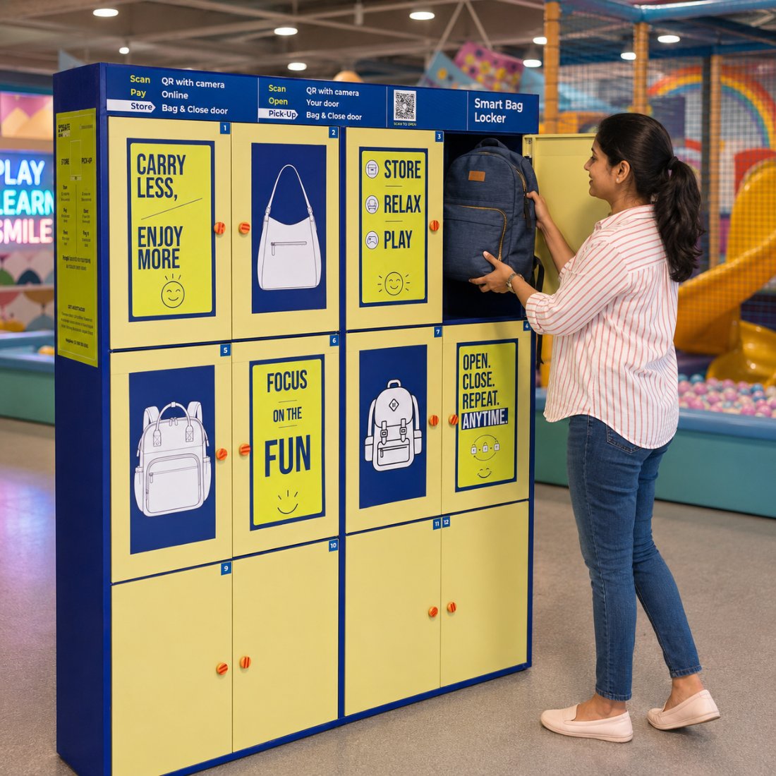 Visitor using a SafeSpot bag locker